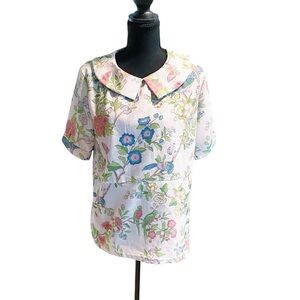 Vintage Bird and Floral Print Top With Peter Pan Collar Size Medium